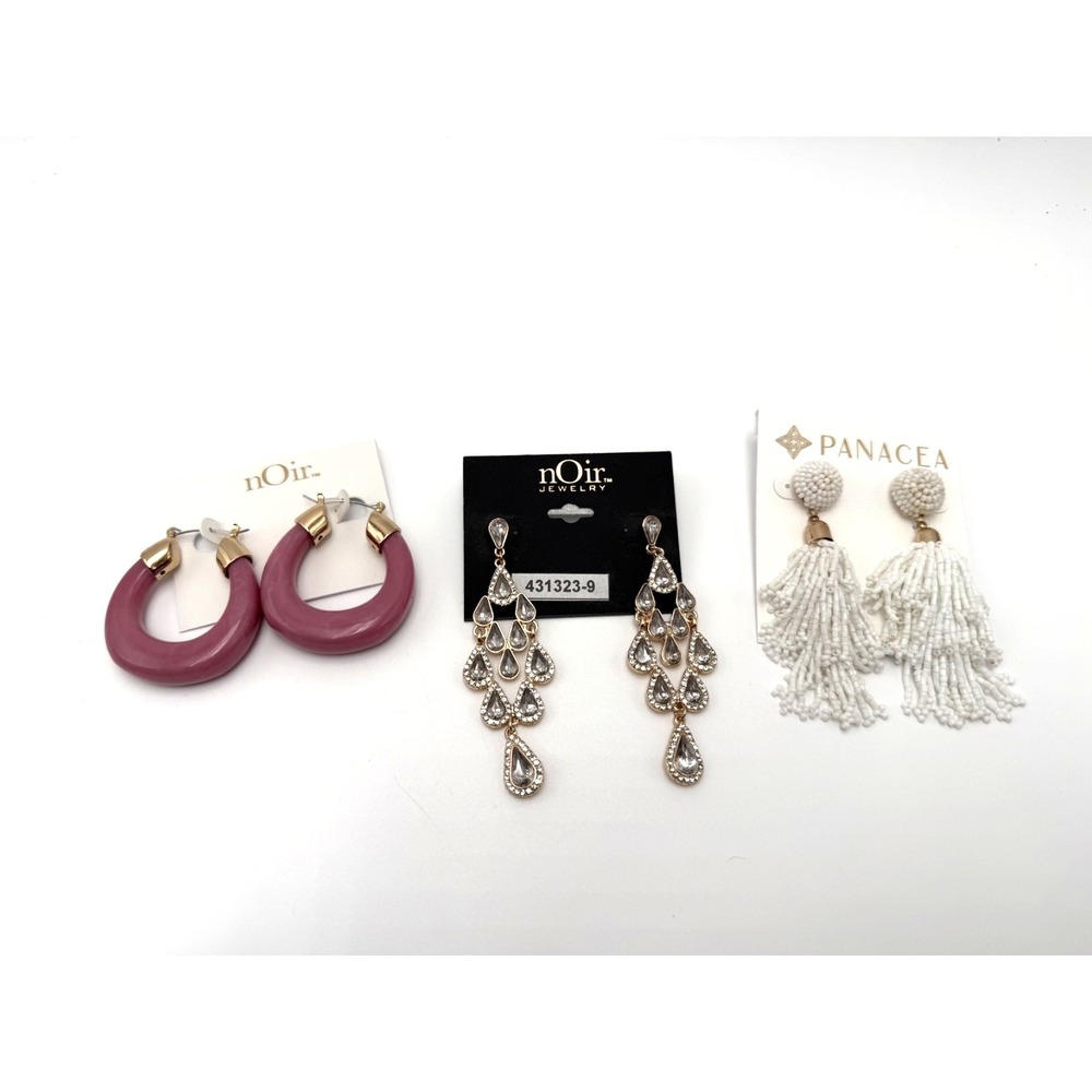 NEW Lot of 3 Panacea White Beaded Pierced Tassel‎ & Noir Earrings Pink Gold